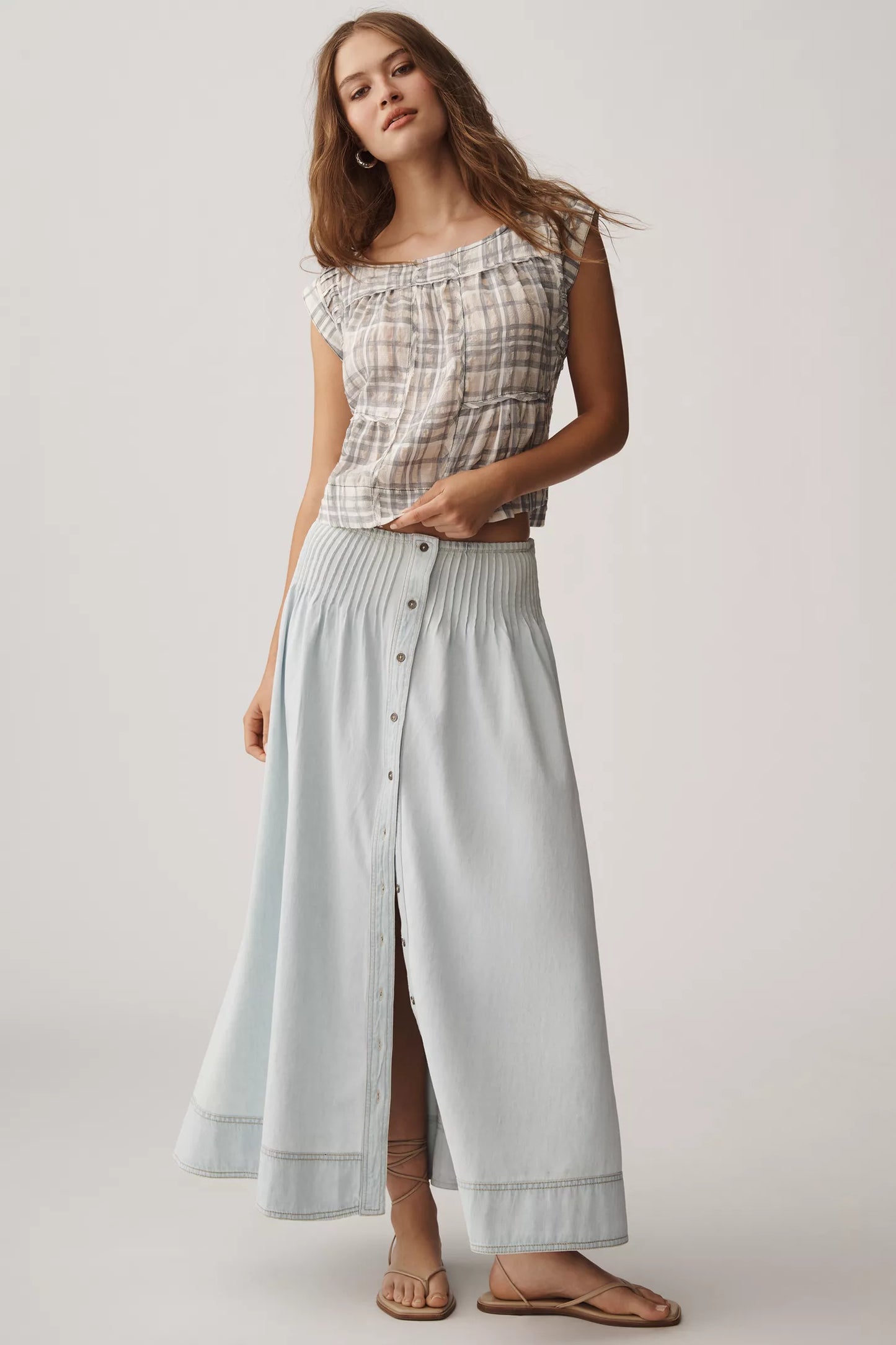 Basque-Waist Denim Maxi Skirt