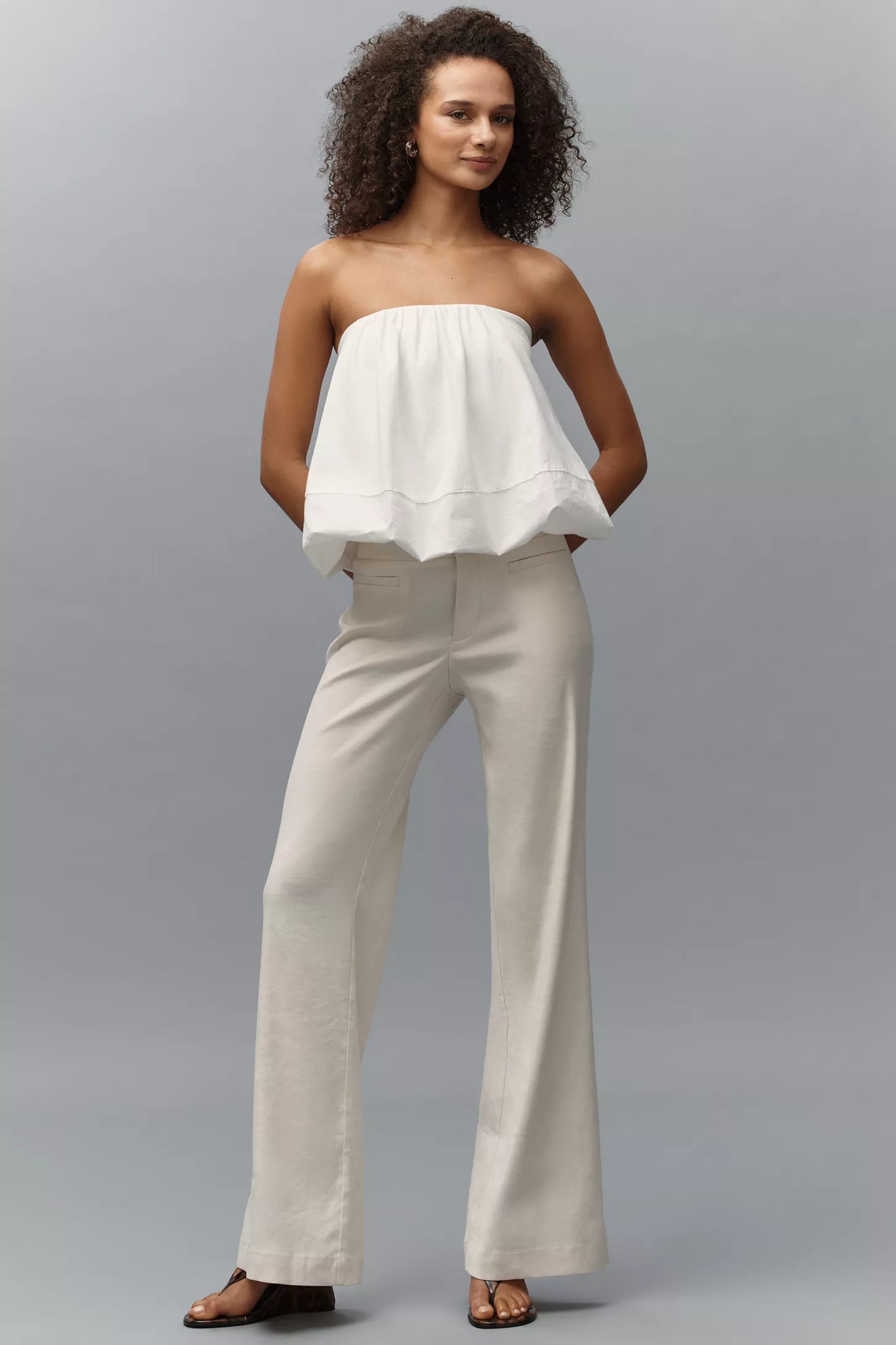 Linen-Blend Flare Trouser Pants