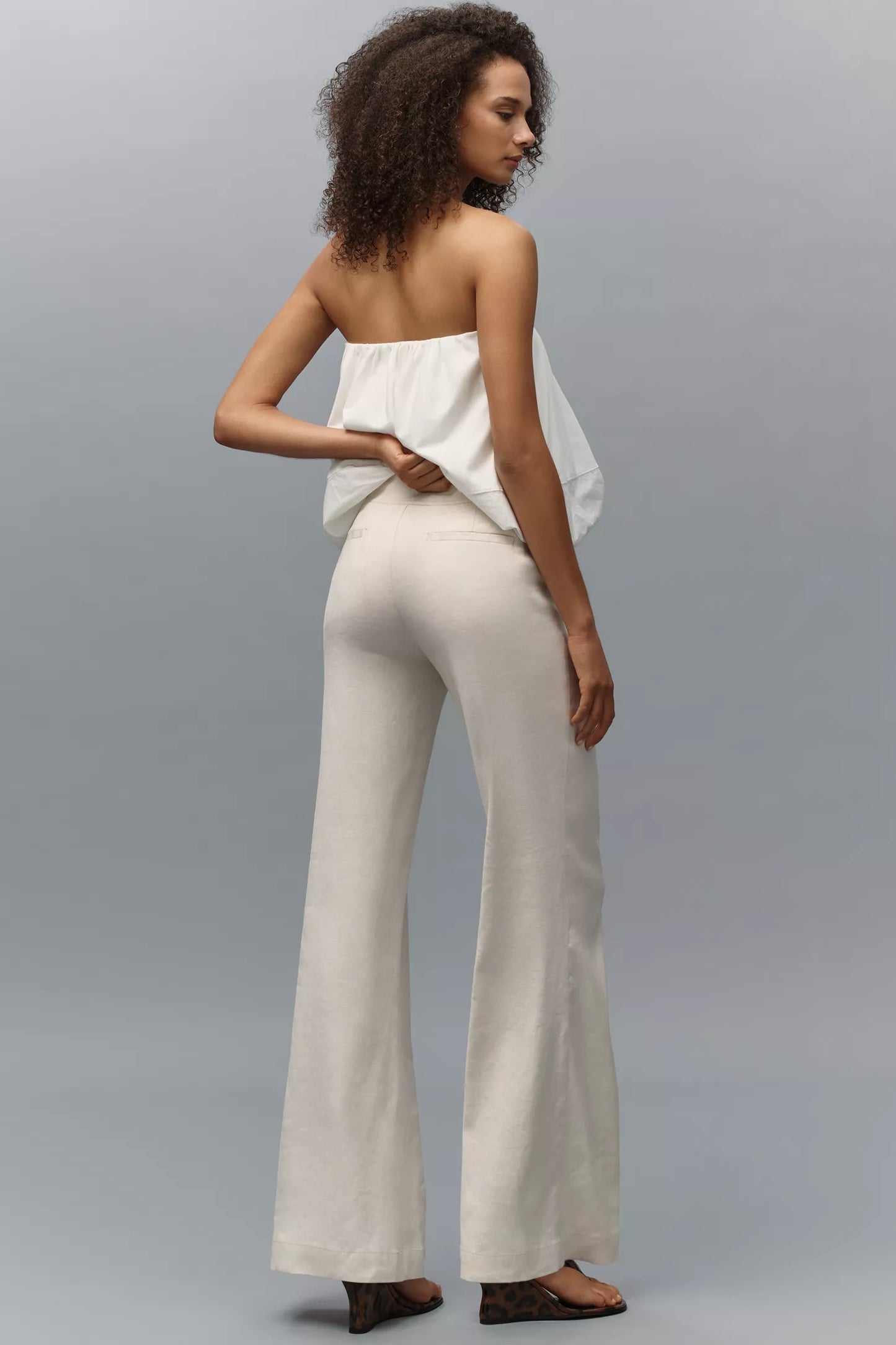 Linen-Blend Flare Trouser Pants