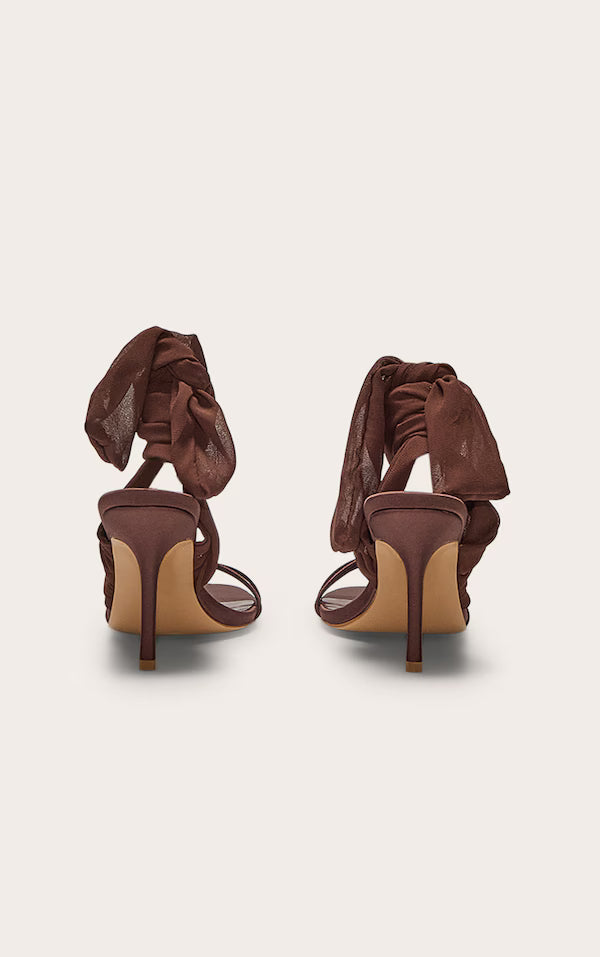 Chocolate Satin Round Toe Lace Up Ribbon High Heel Sandals