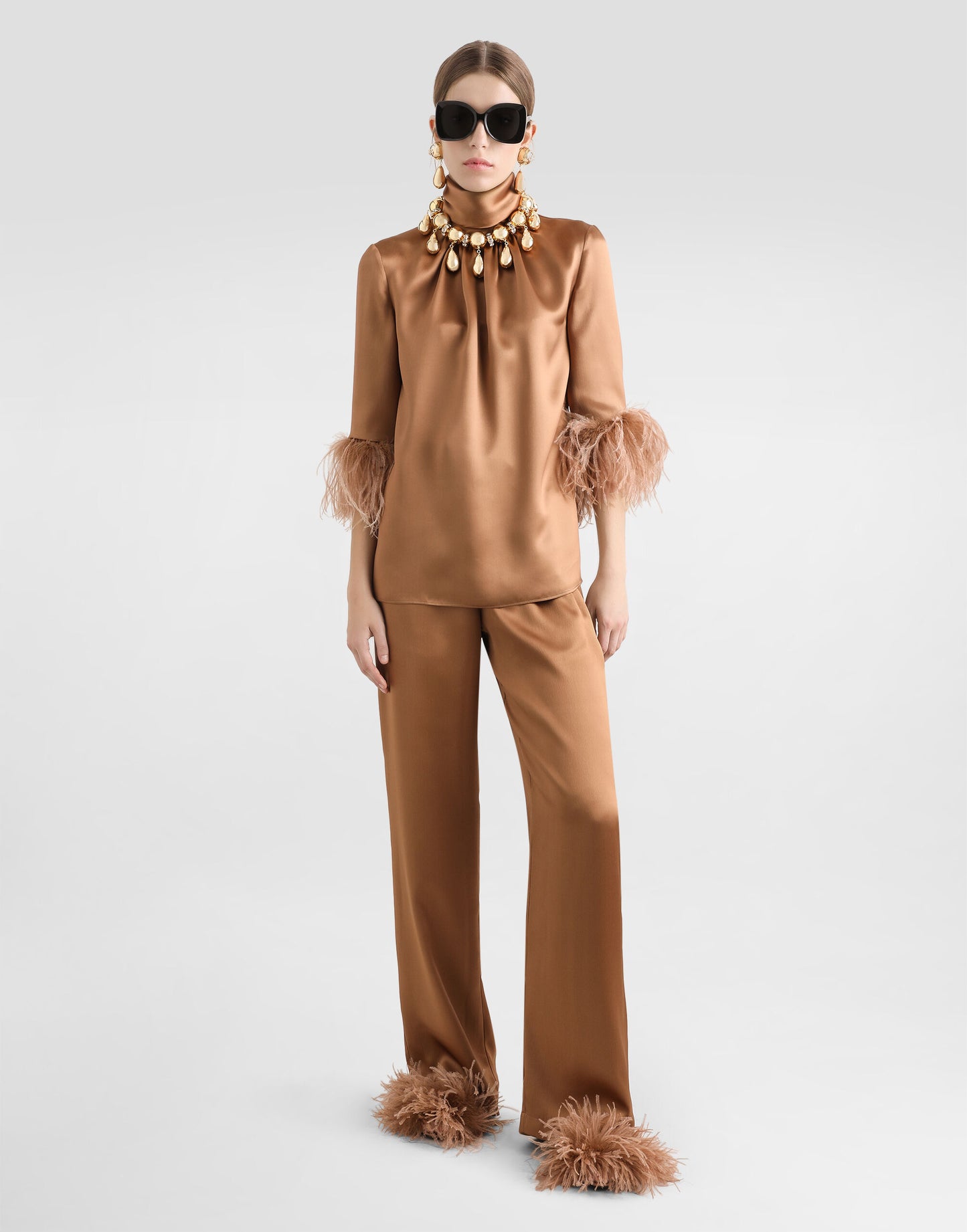 Double satin turtle-neck top with feathered detailing || Ownara
