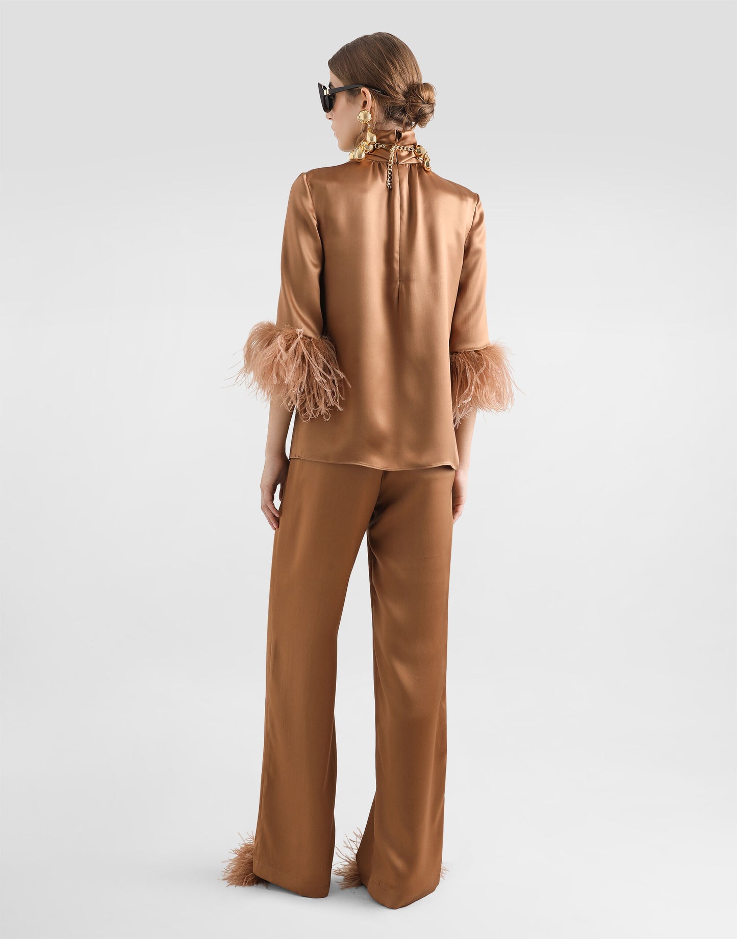 Double satin turtle-neck top with feathered detailing || Ownara