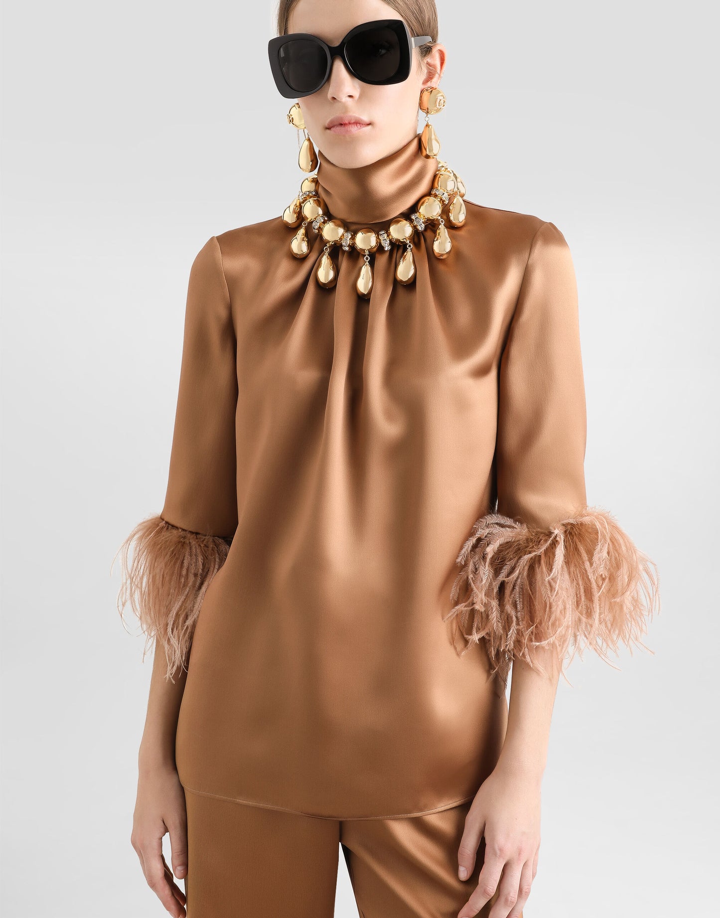 Double satin turtle-neck top with feathered detailing || Ownara