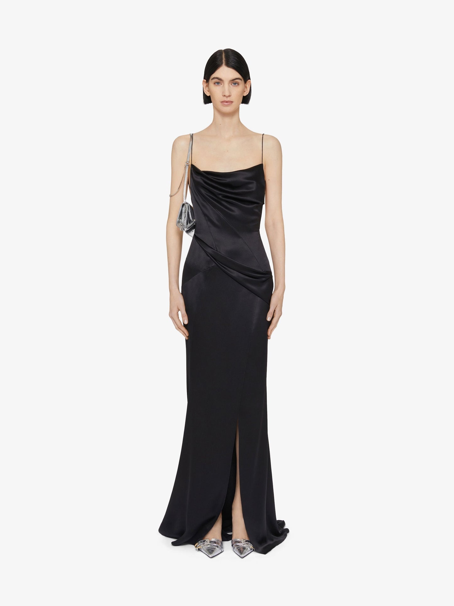 Evening draped dress in satin with crystals || Ownara