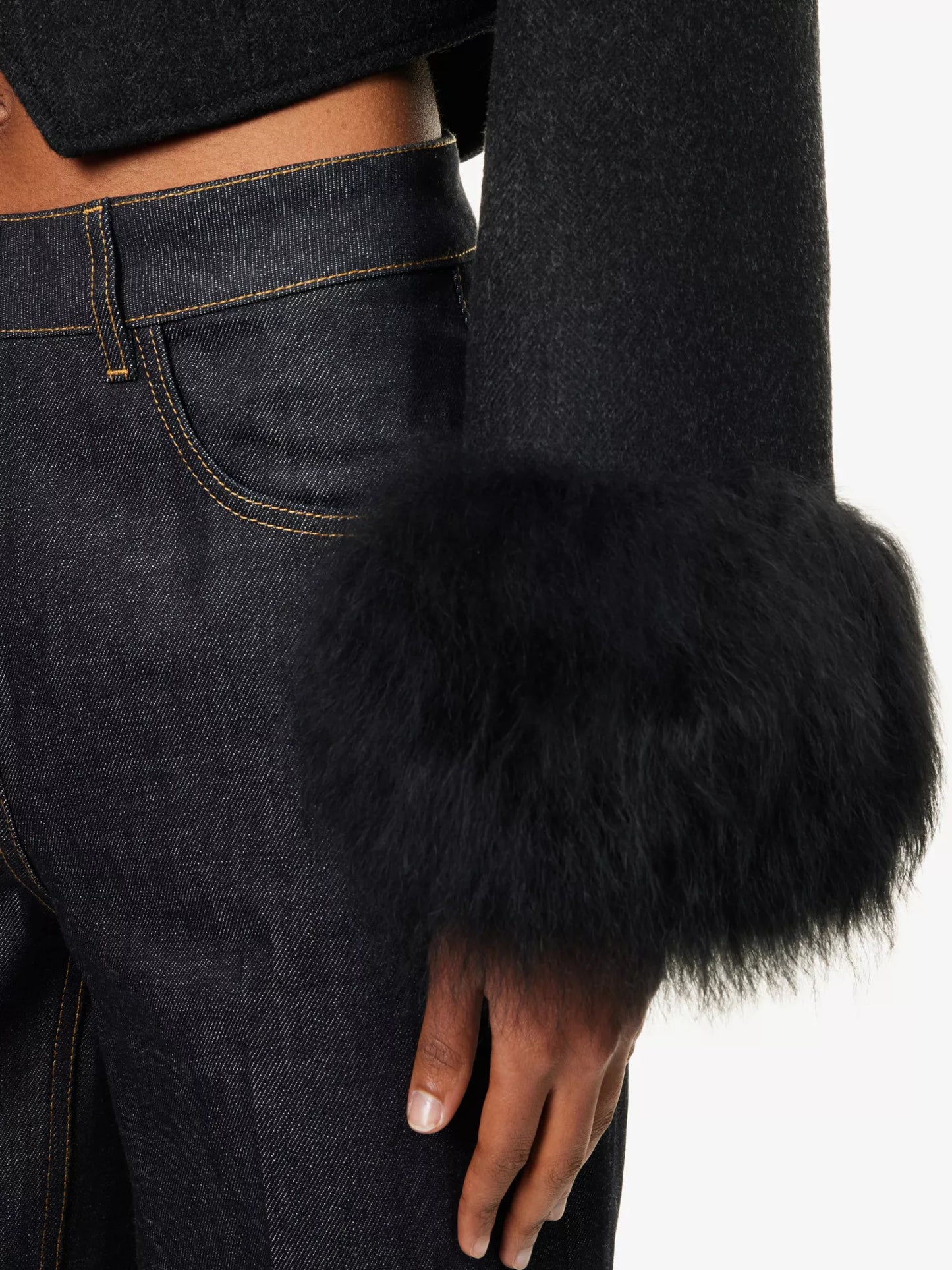 Cropped fur-cuffs wool jacket || Ownara