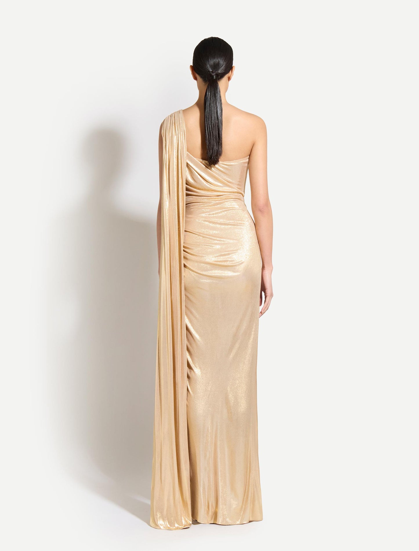 Gold Lame One-Shoulder Long Dress with Side Cape || Ownara