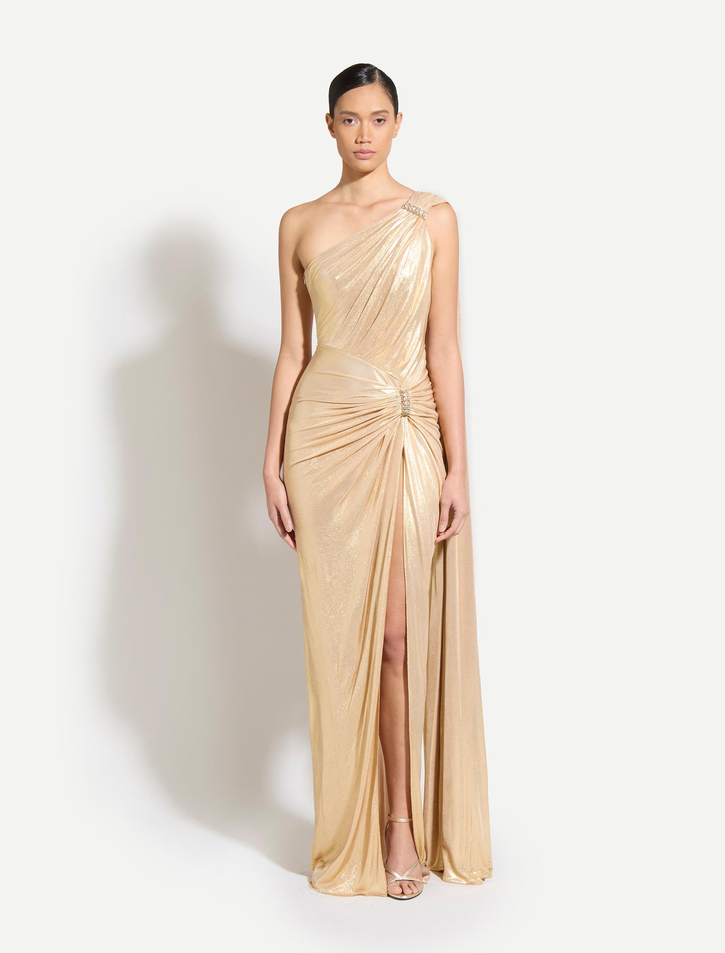 Gold Lame One-Shoulder Long Dress with Side Cape || Ownara