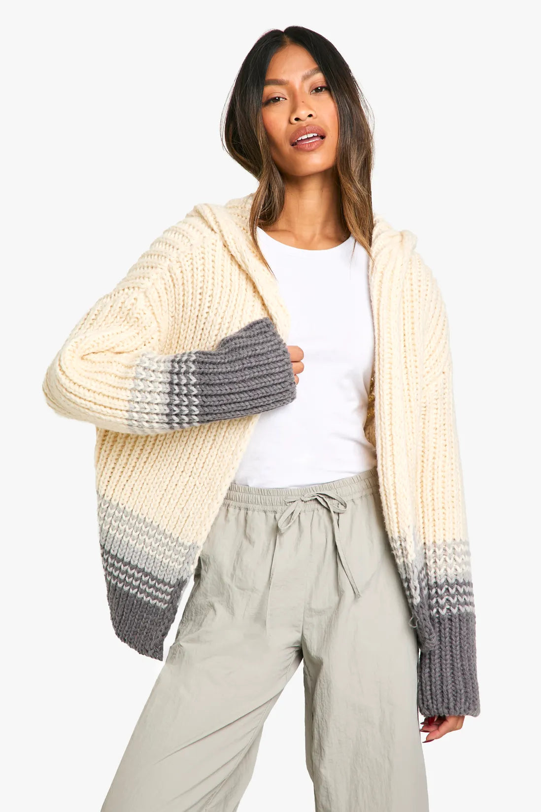 Cool Heavy Knitted Stripe Detail Hoodie