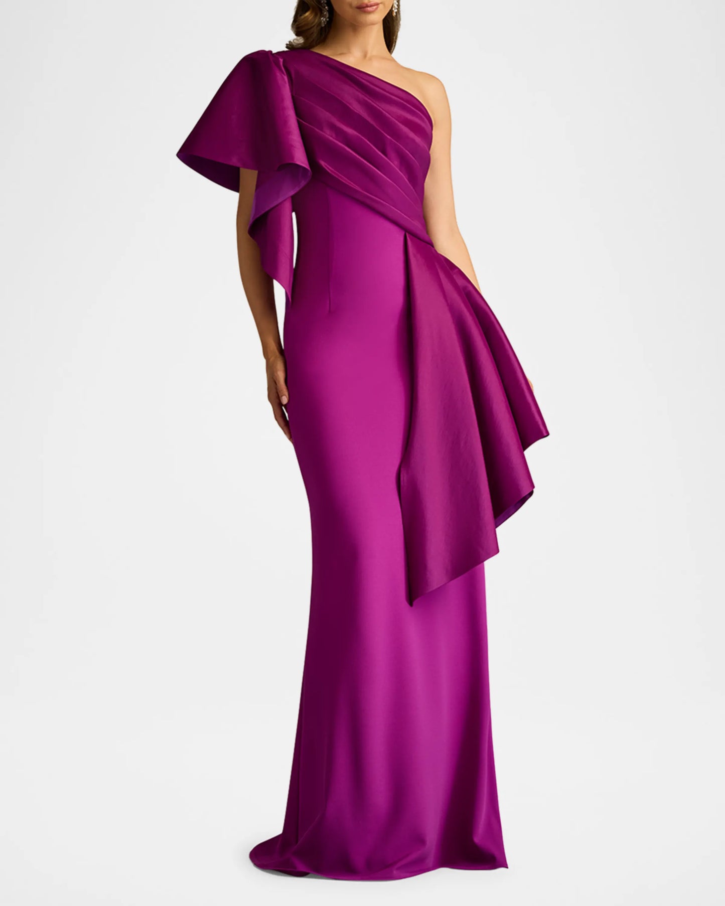 Draped One-Shoulder Taffeta Crepe Gown || Ownara