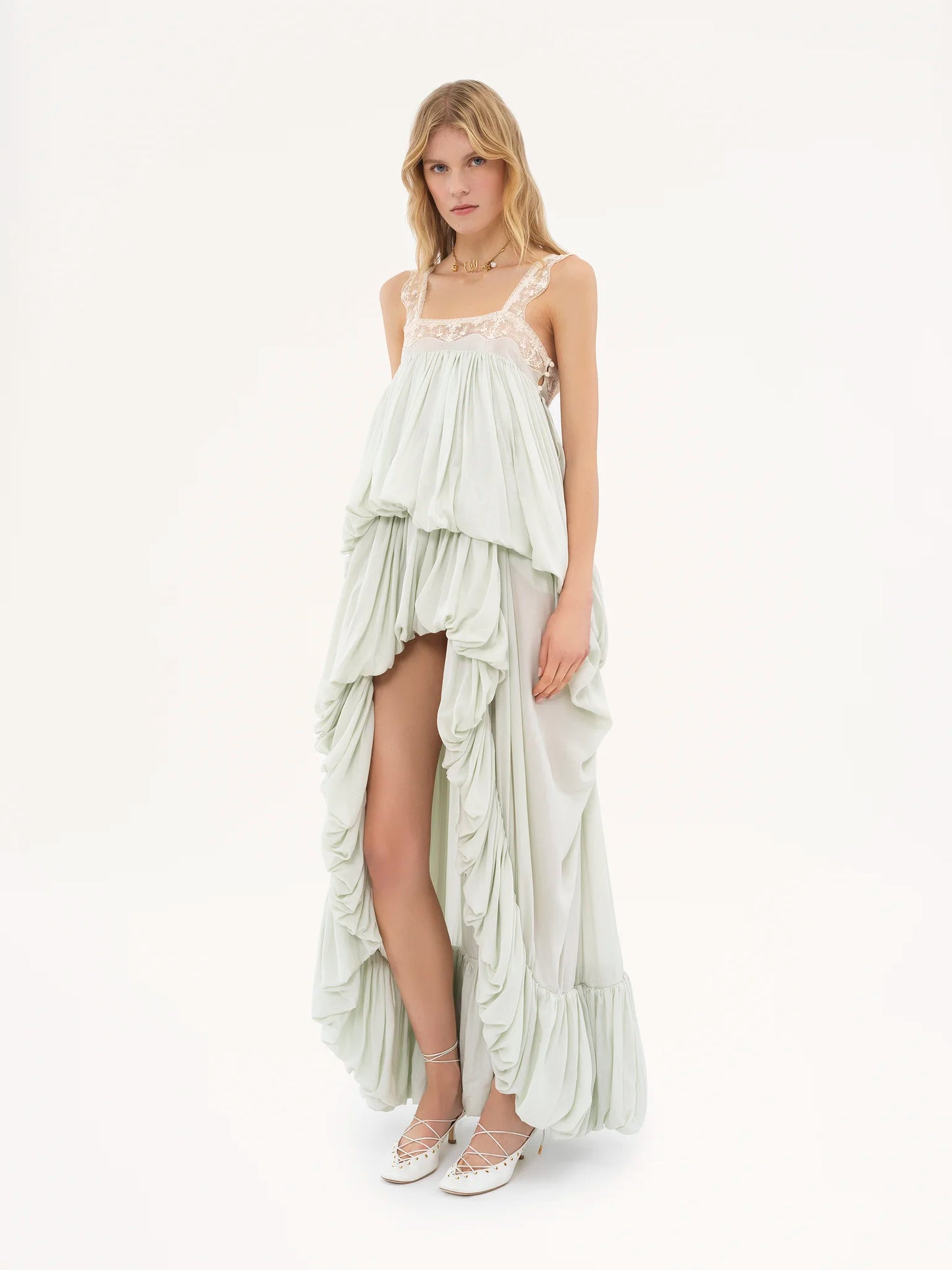 High-low ruffled dress in silk habotai & lace || Ownara