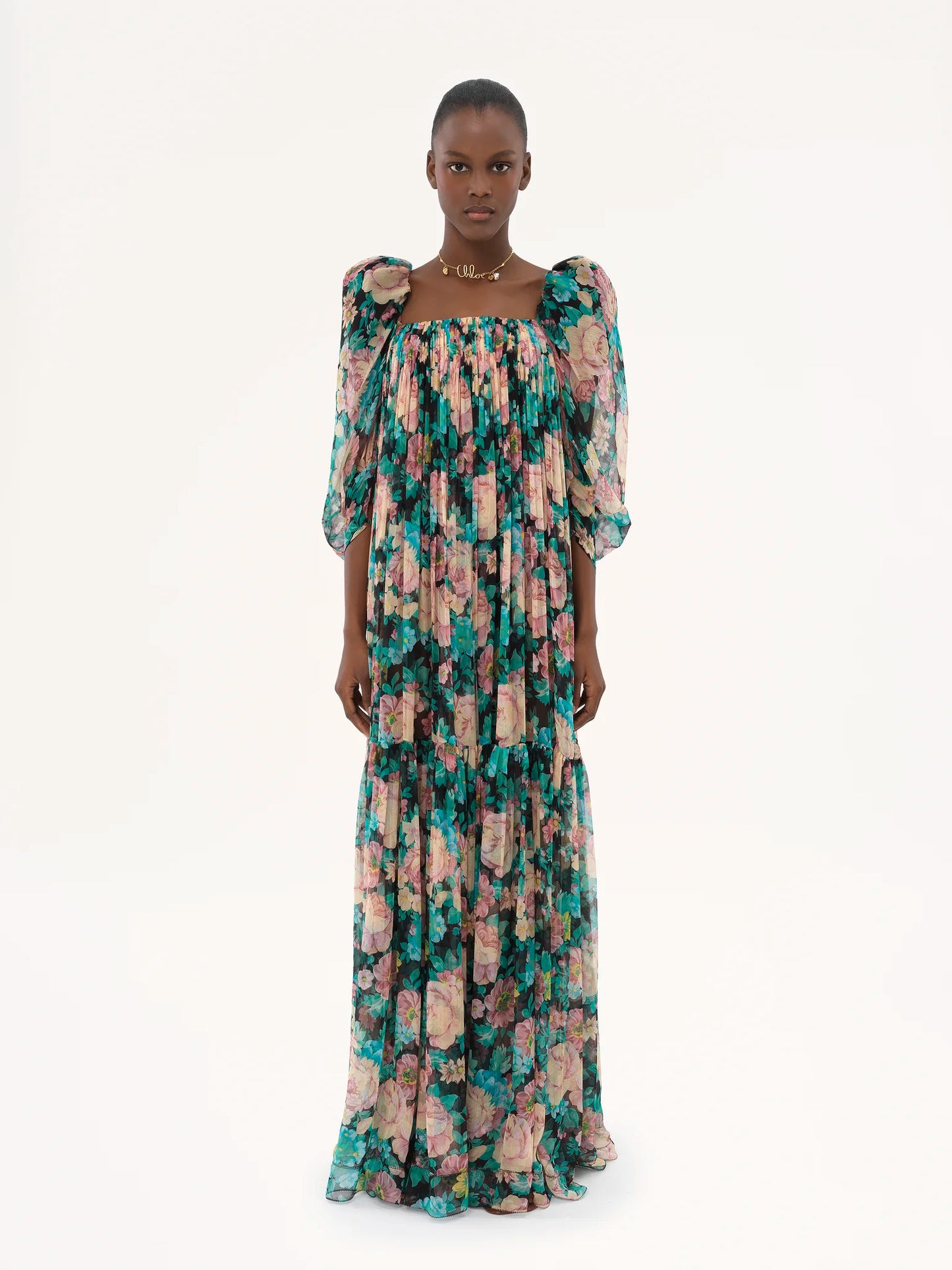 Puff-sleeve long dress in silk mousseline || Ownara