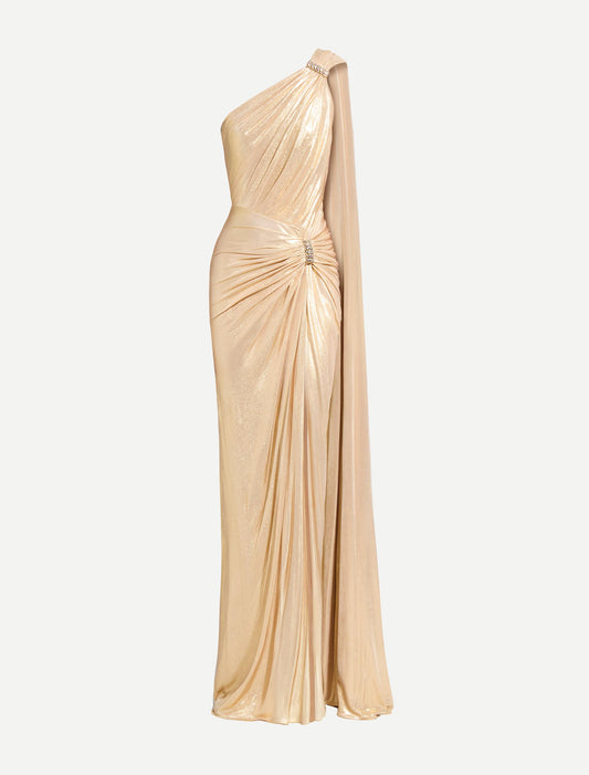Gold Lame One-Shoulder Long Dress with Side Cape || Ownara