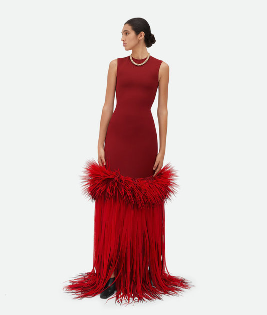 Dress in fluid viscose organza crepe with fringe detailing || Ownara