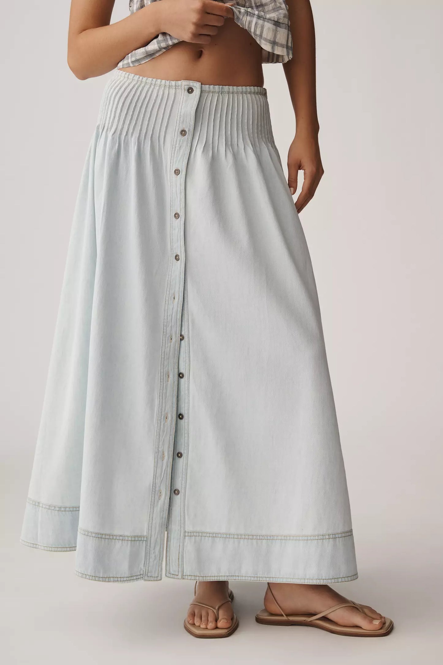 Basque-Waist Denim Maxi Skirt