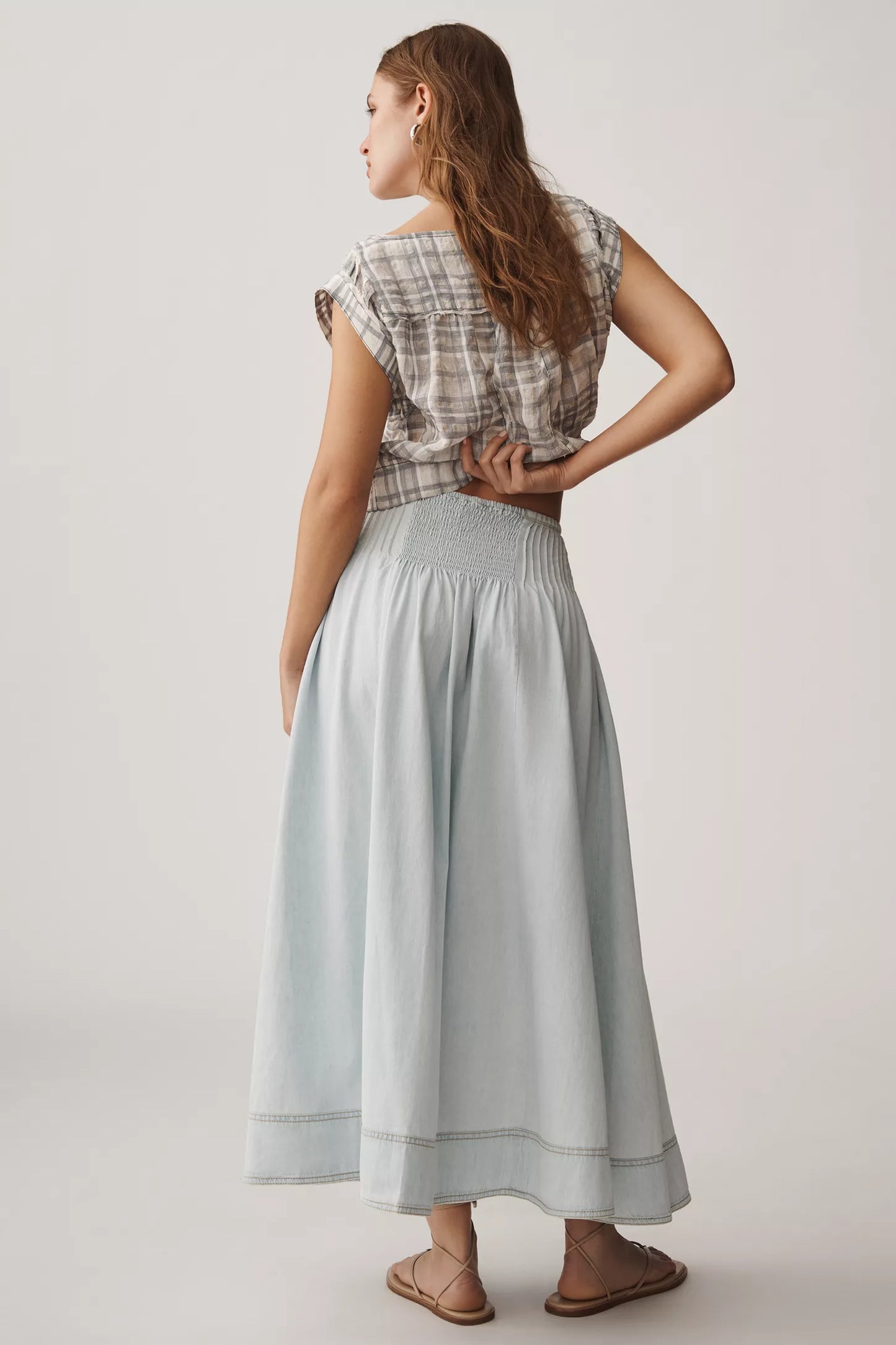 Basque-Waist Denim Maxi Skirt