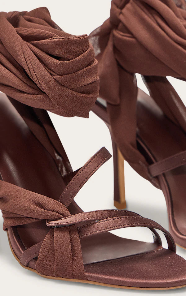 Chocolate Satin Round Toe Lace Up Ribbon High Heel Sandals