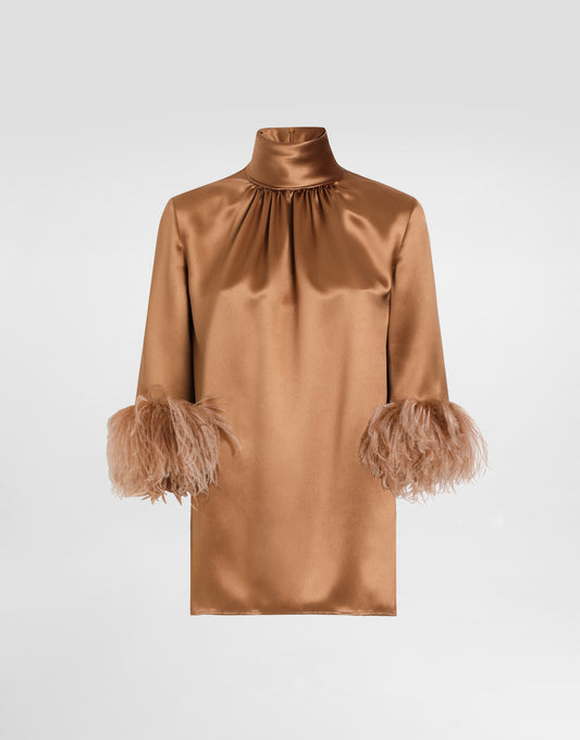 Double satin turtle-neck top with feathered detailing || Ownara