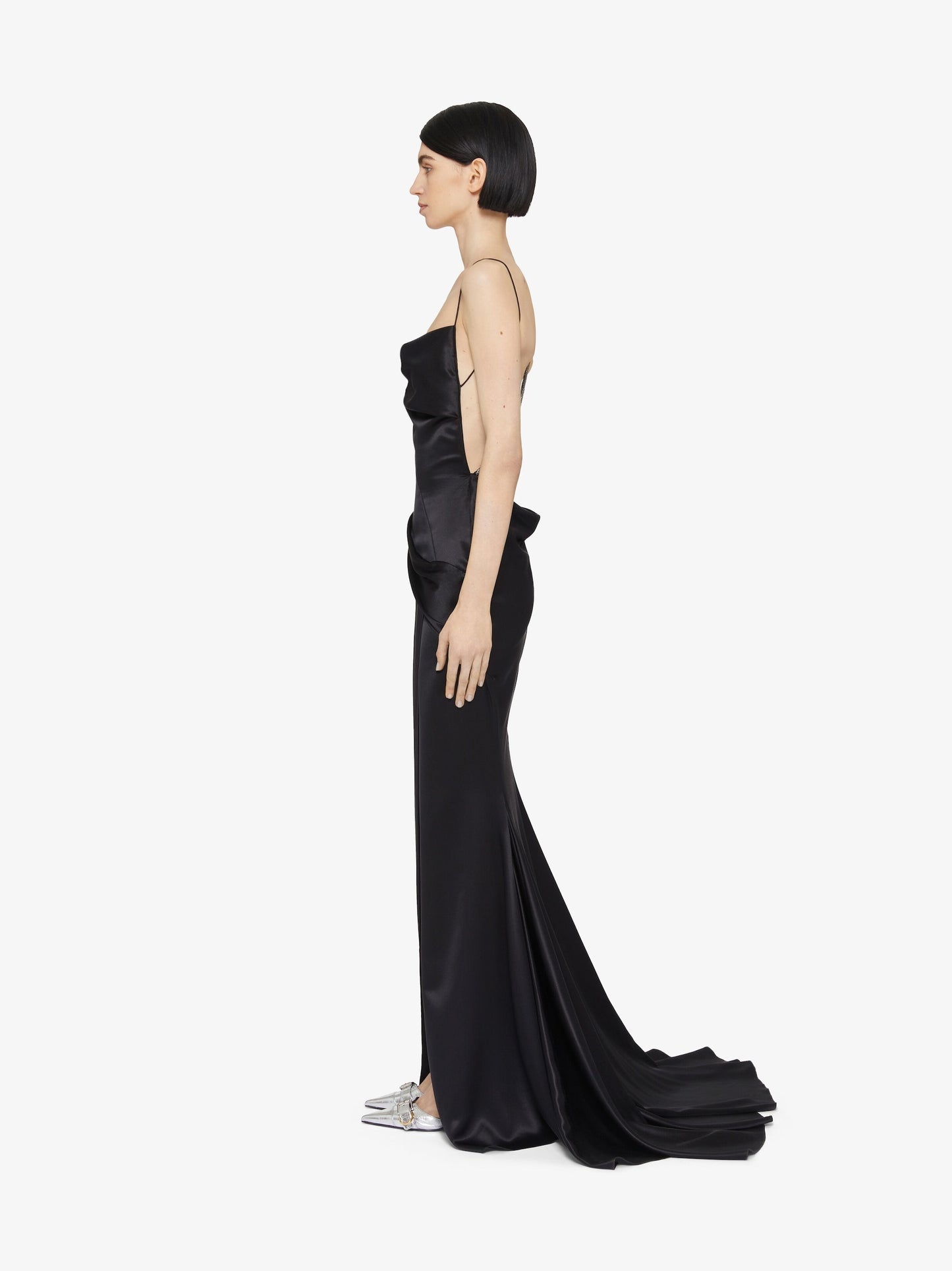 Evening draped dress in satin with crystals || Ownara