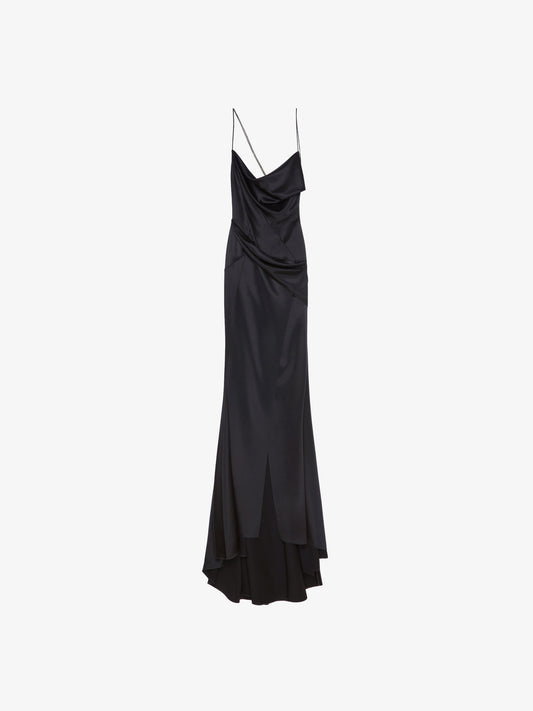 Evening draped dress in satin with crystals || Ownara