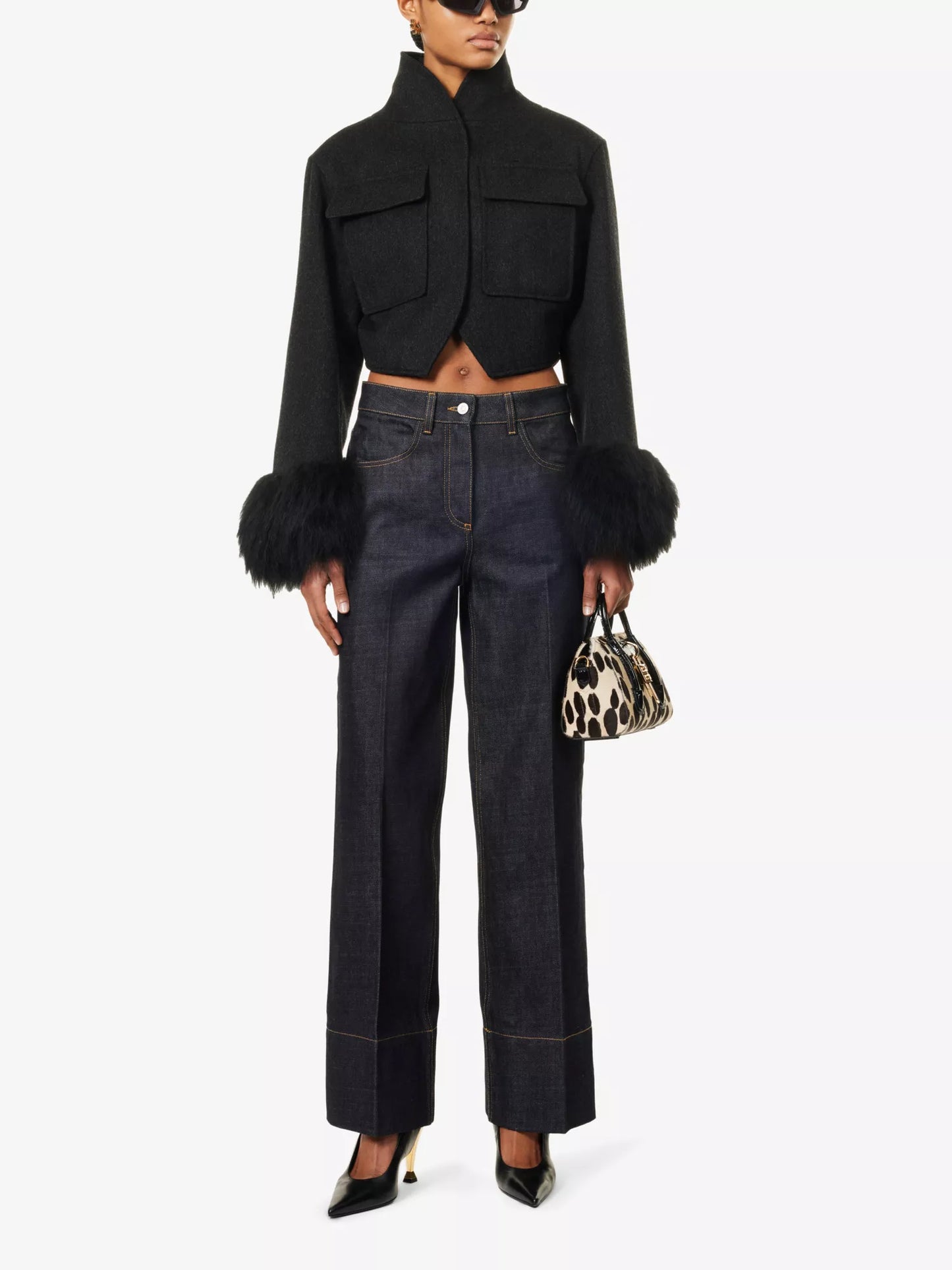 Cropped fur-cuffs wool jacket || Ownara