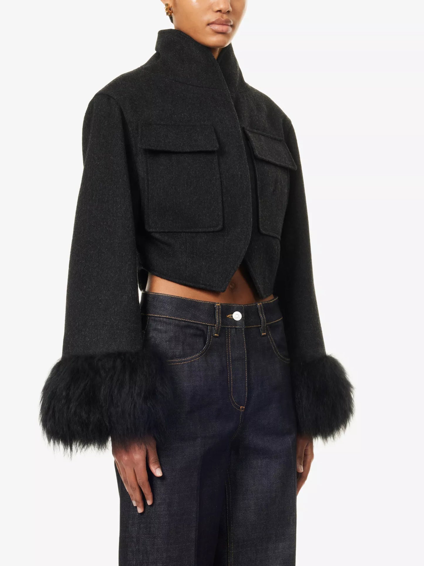 Cropped fur-cuffs wool jacket || Ownara