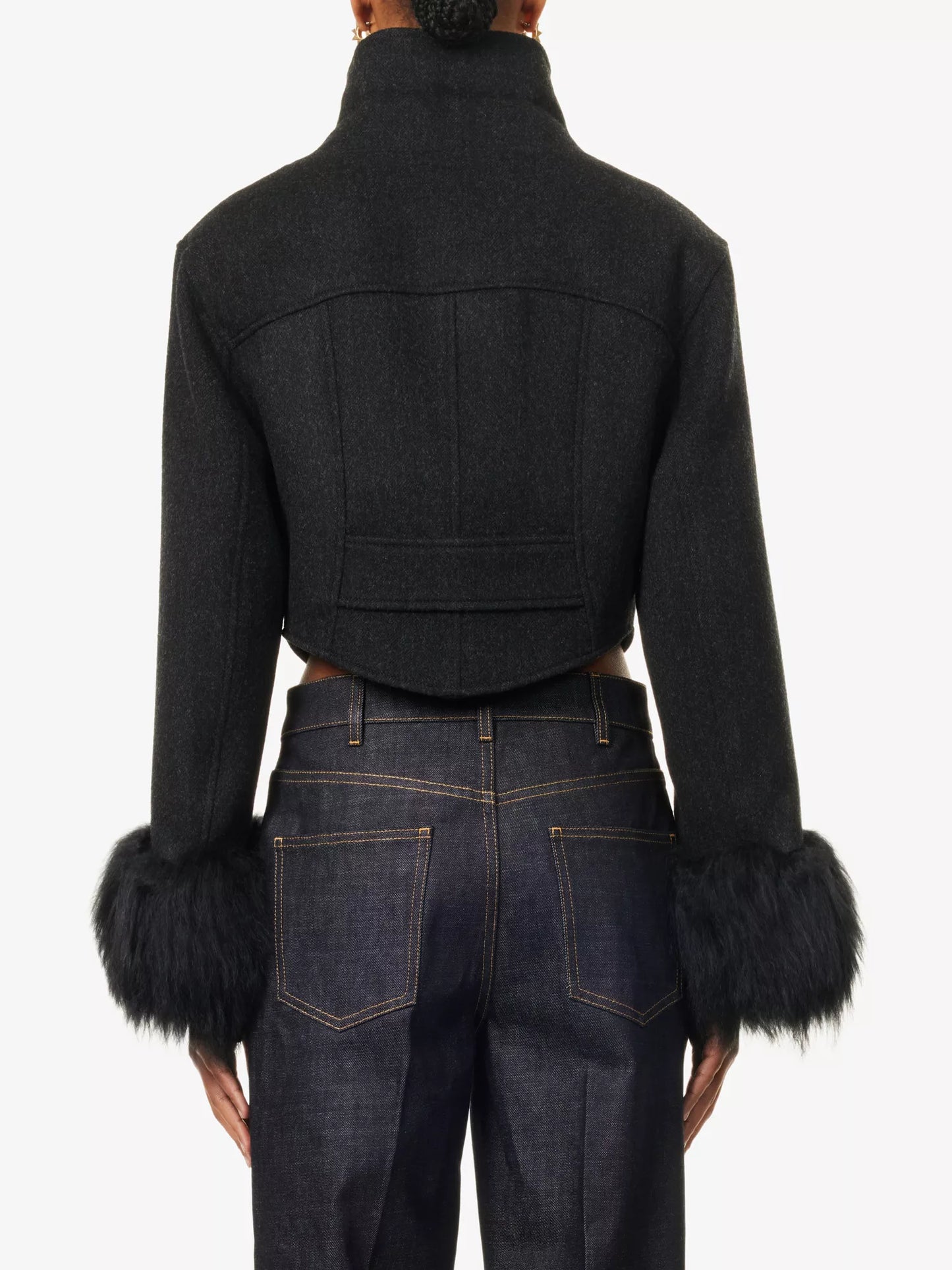Cropped fur-cuffs wool jacket || Ownara