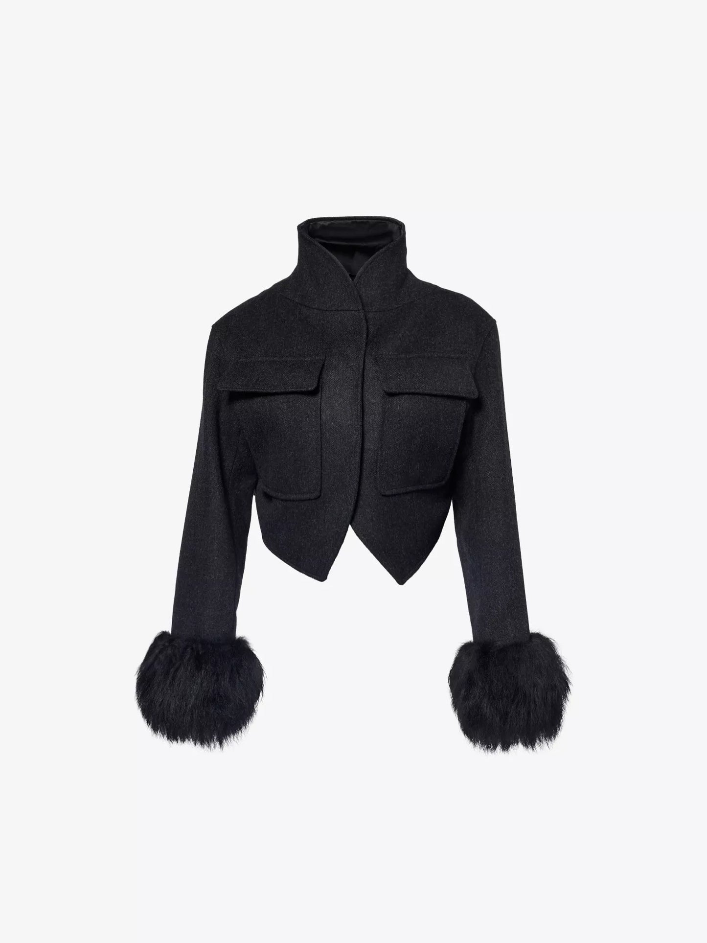 Cropped fur-cuffs wool jacket || Ownara