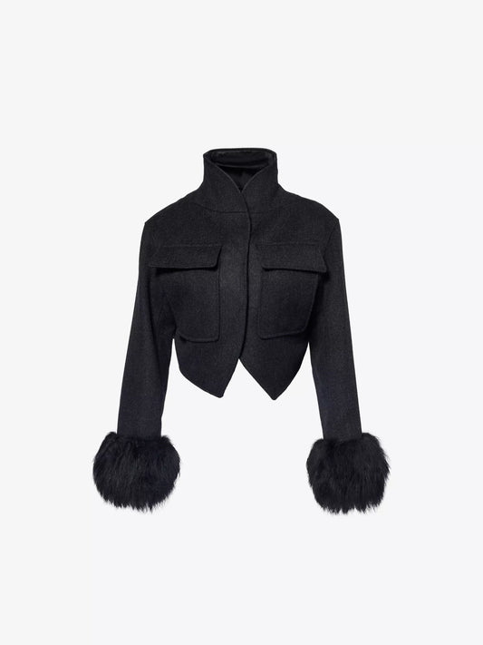 Cropped fur-cuffs wool jacket || Ownara