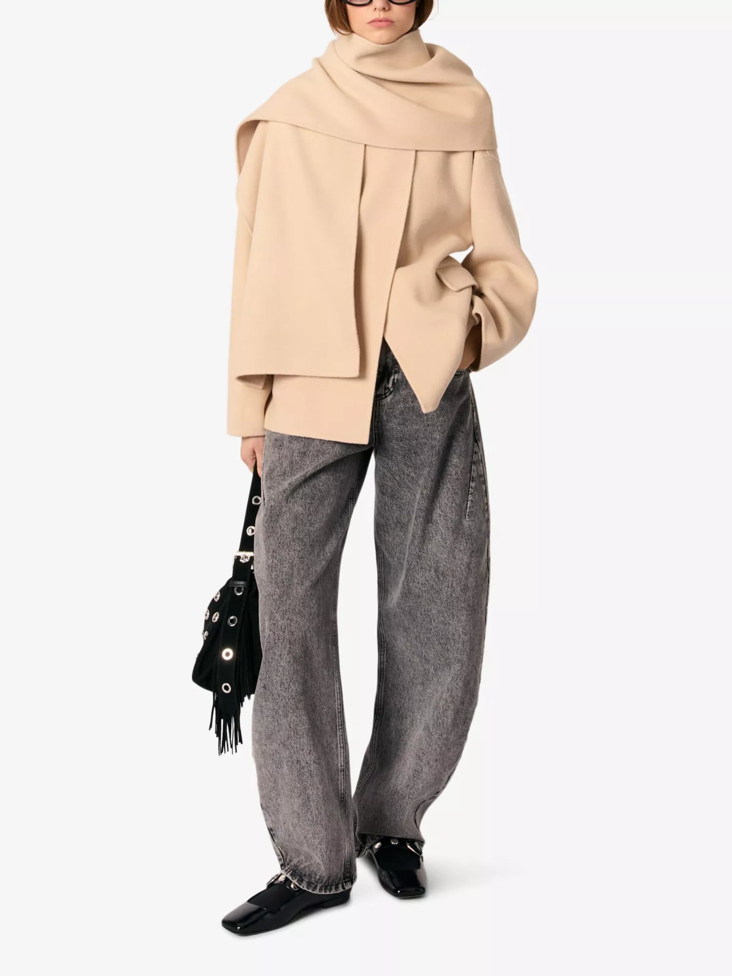 Removable-scarf belted-waist wool-blend Coat || Ownara