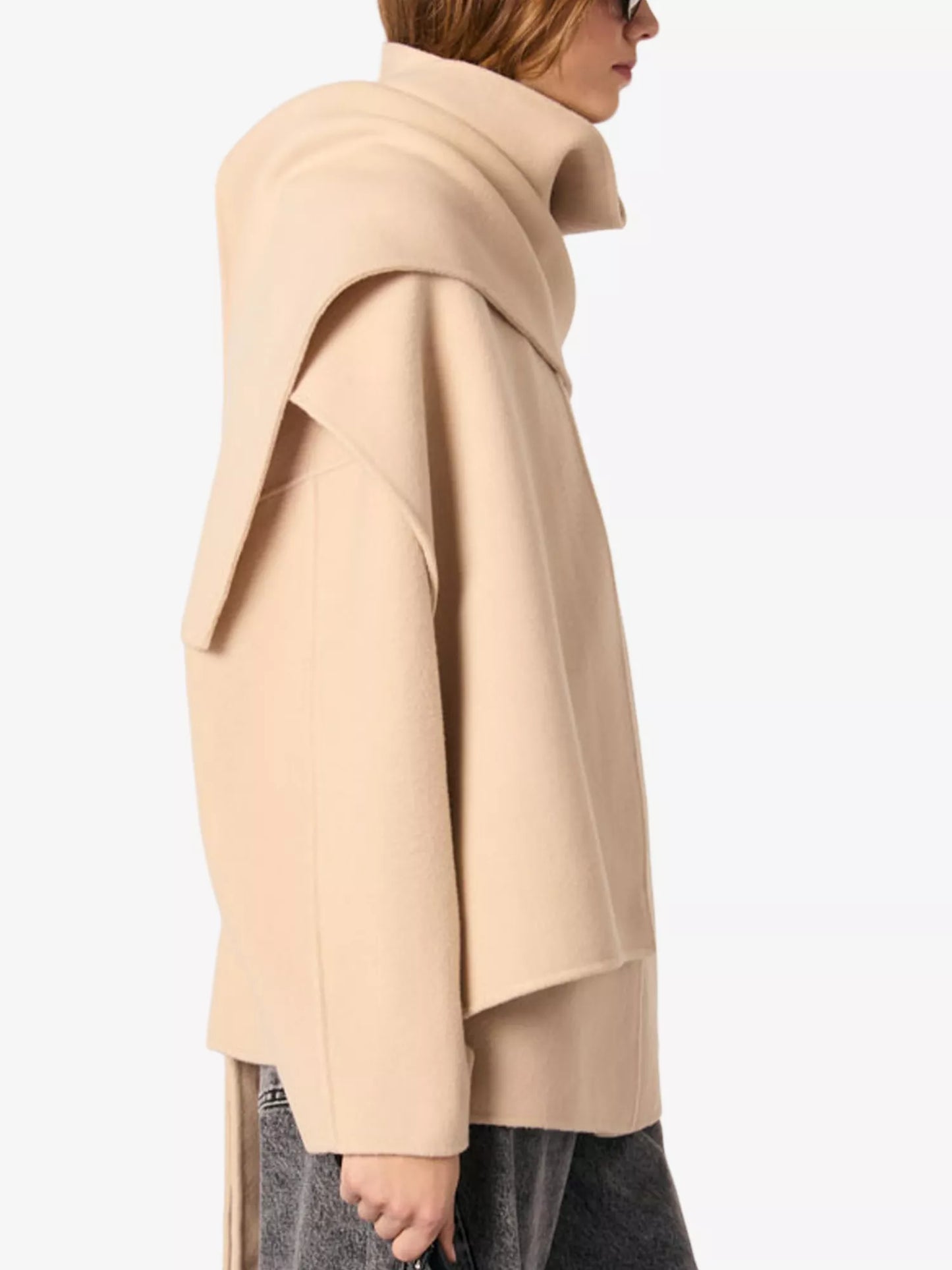 Removable-scarf belted-waist wool-blend Coat || Ownara