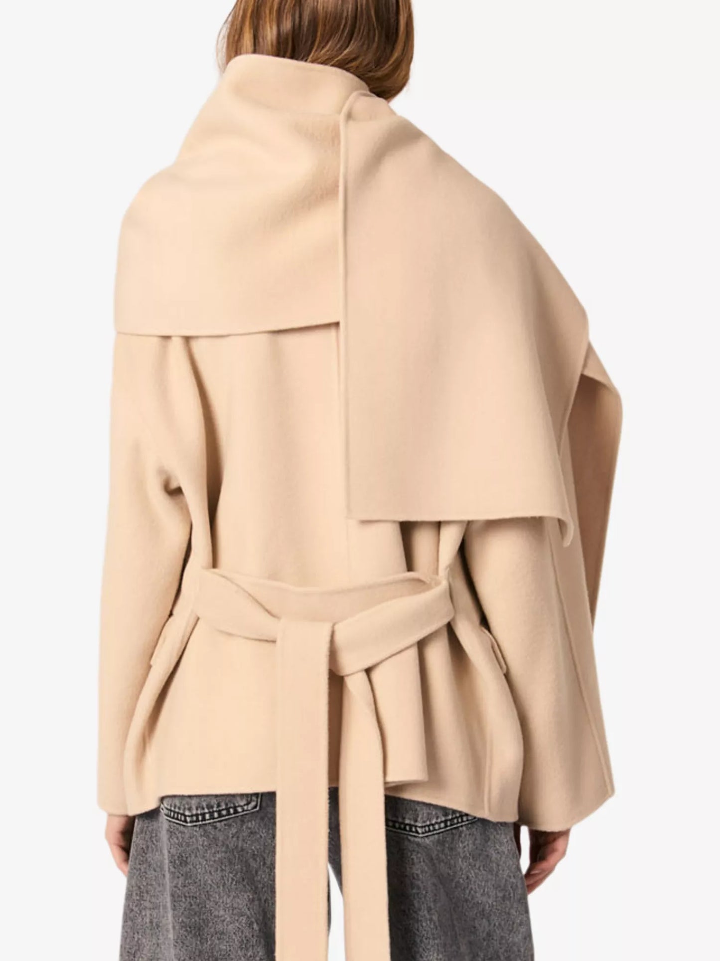 Removable-scarf belted-waist wool-blend Coat || Ownara