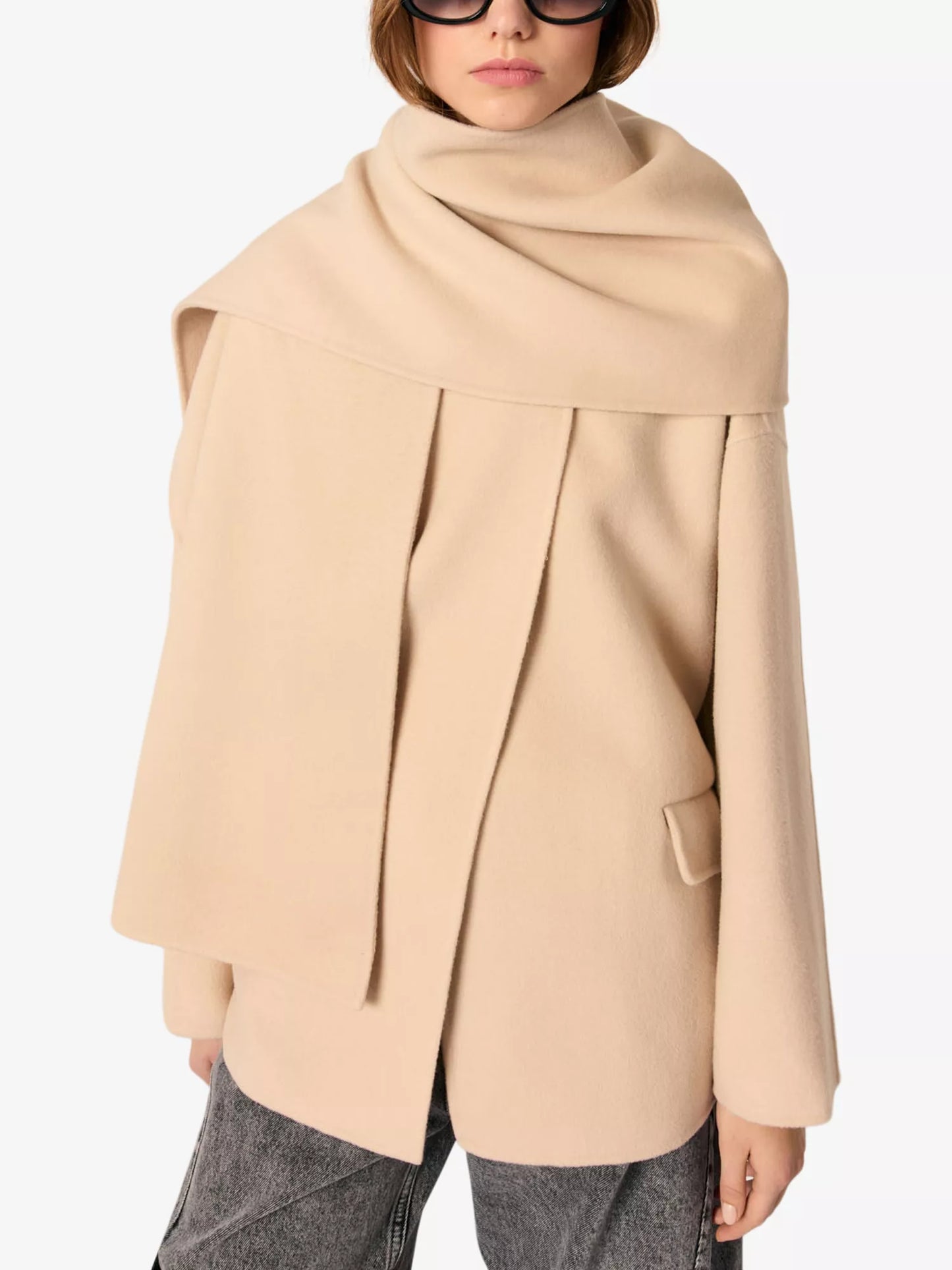 Removable-scarf belted-waist wool-blend Coat || Ownara