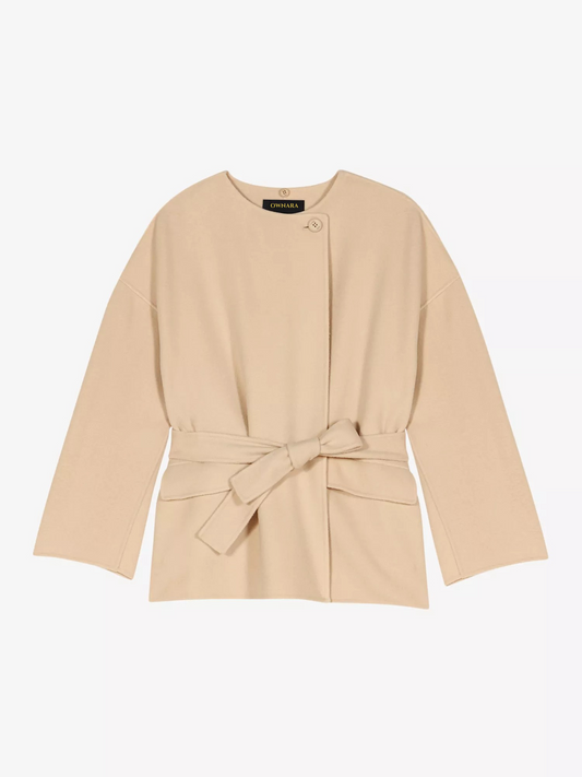 Removable-scarf belted-waist wool-blend Coat || Ownara