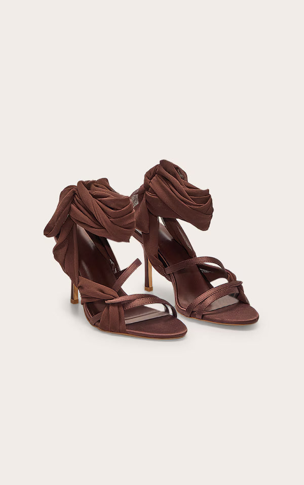 Chocolate Satin Round Toe Lace Up Ribbon High Heel Sandals