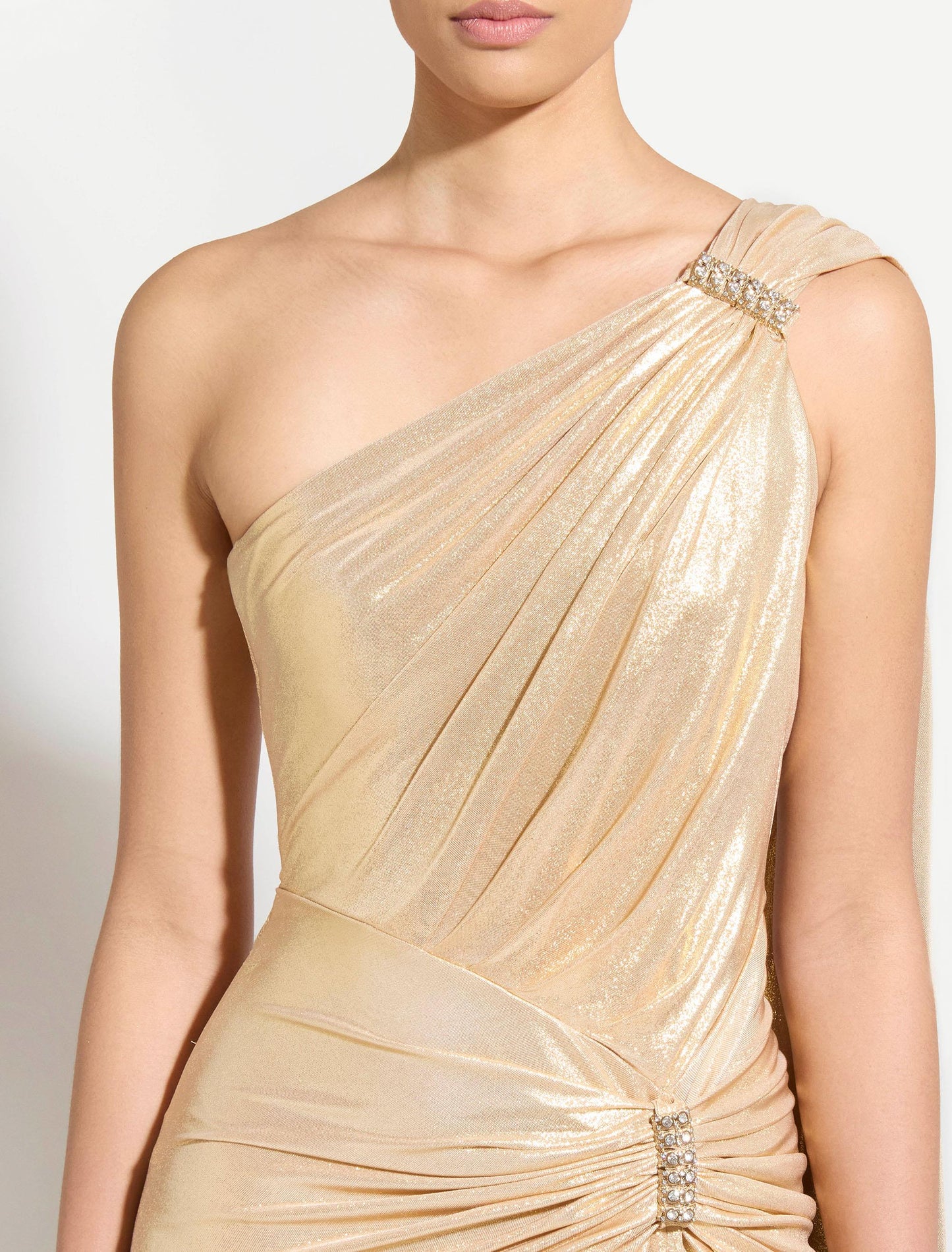 Gold Lame One-Shoulder Long Dress with Side Cape || Ownara
