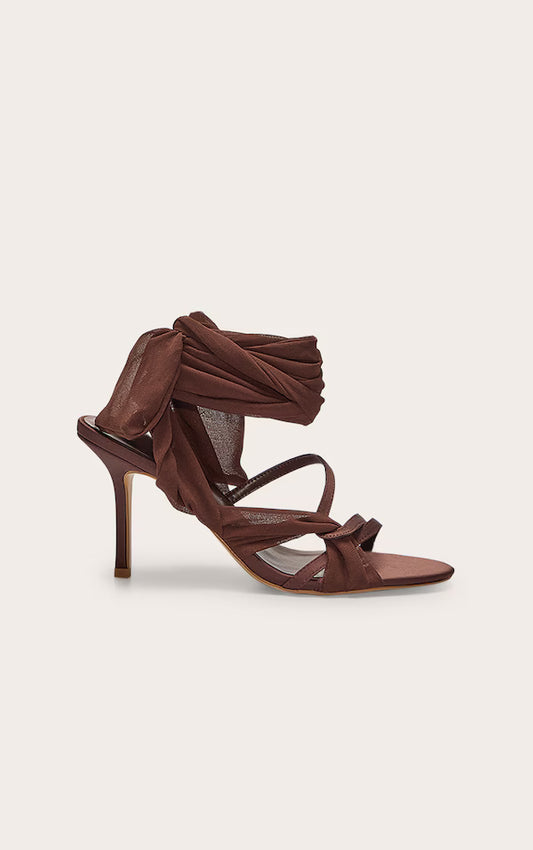 Chocolate Satin Round Toe Lace Up Ribbon High Heel Sandals
