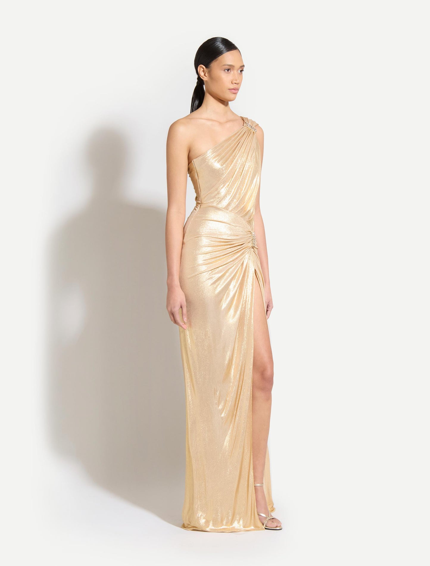 Gold Lame One-Shoulder Long Dress with Side Cape || Ownara