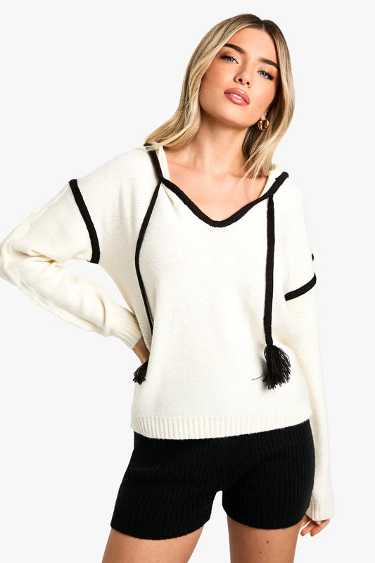 Pom Pom Contrast Trimmed Hoody