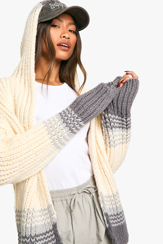 Cool Heavy Knitted Stripe Detail Hoodie