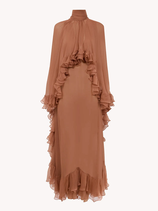 Mock-neck dress in silk mousseline || Ownara