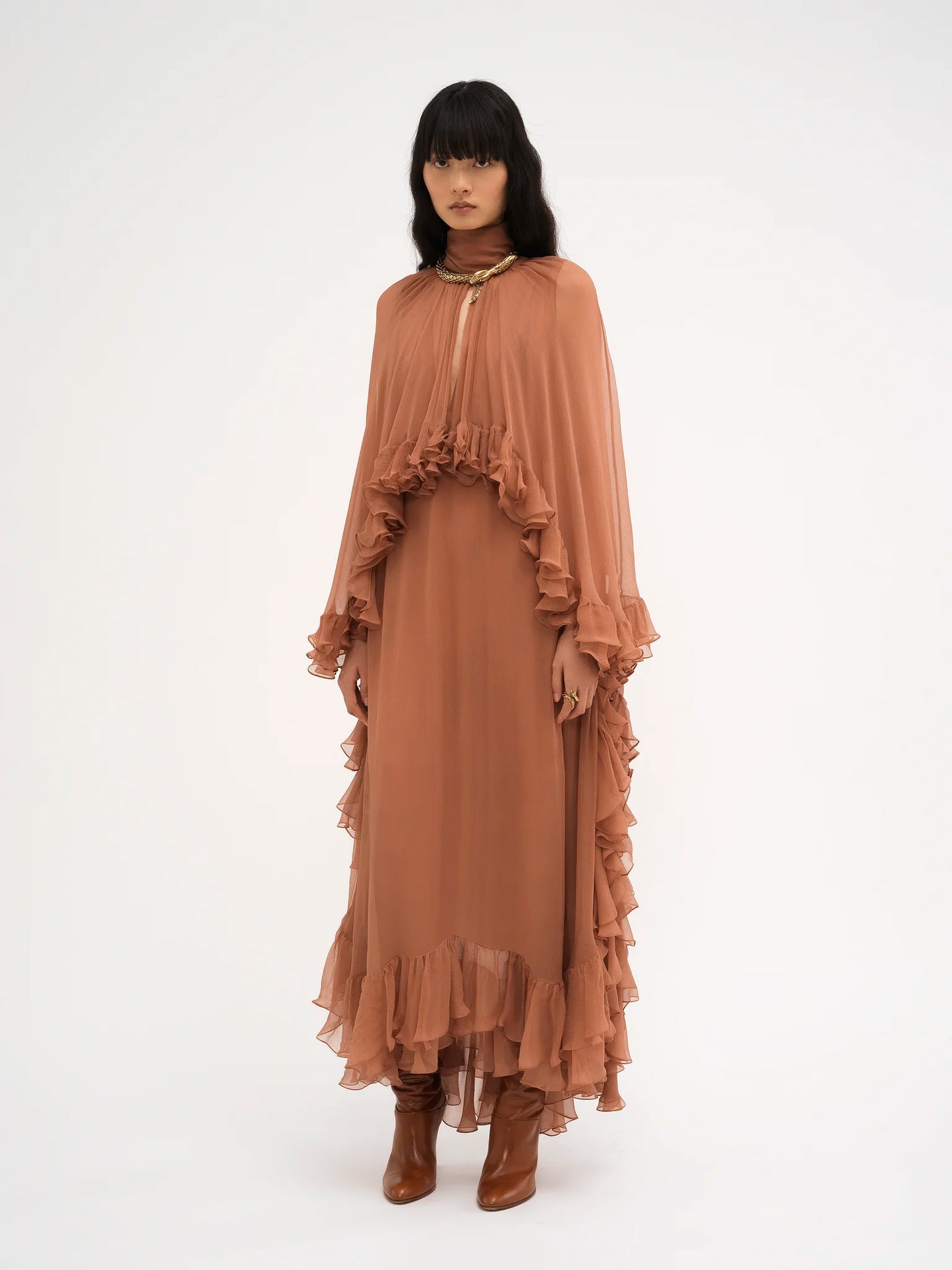 Mock-neck dress in silk mousseline || Ownara