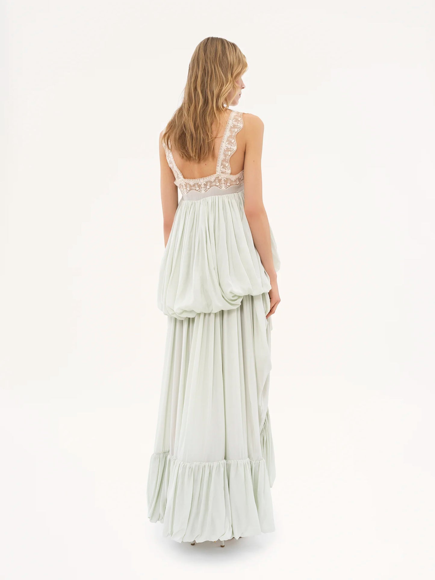 High-low ruffled dress in silk habotai & lace || Ownara