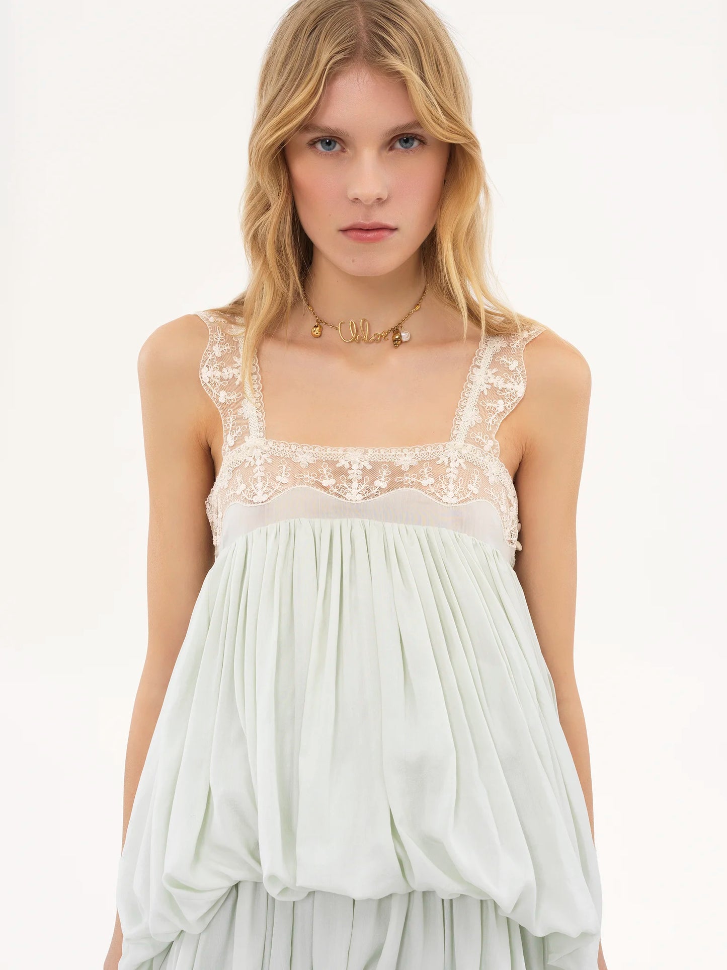 High-low ruffled dress in silk habotai & lace || Ownara