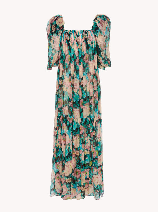 Puff-sleeve long dress in silk mousseline || Ownara