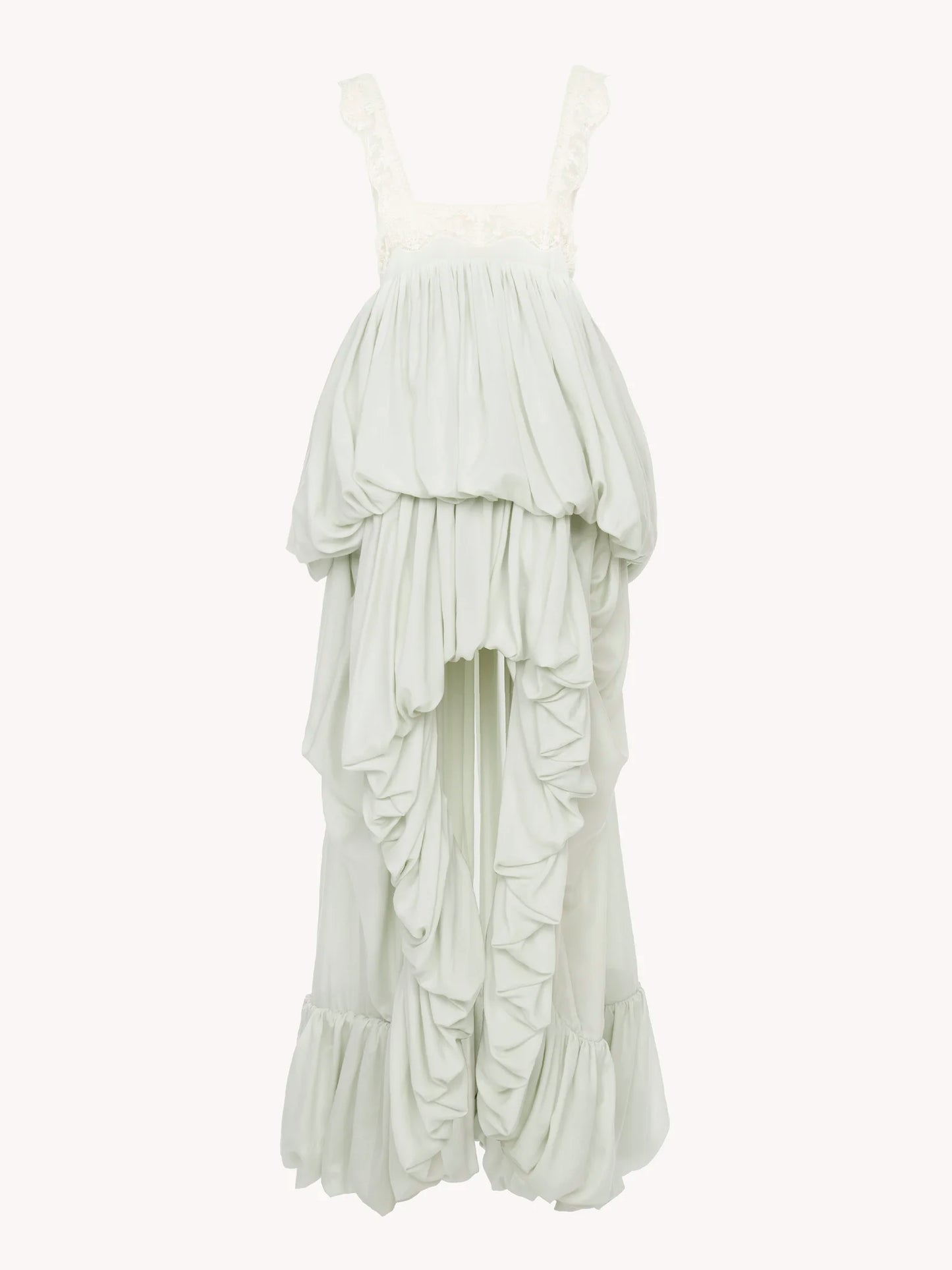 High-low ruffled dress in silk habotai & lace || Ownara